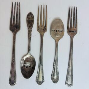 Antique Silverware 3 Forks, 2 Spoons. Engraved Joy, Hope, Love, Pray, Faith